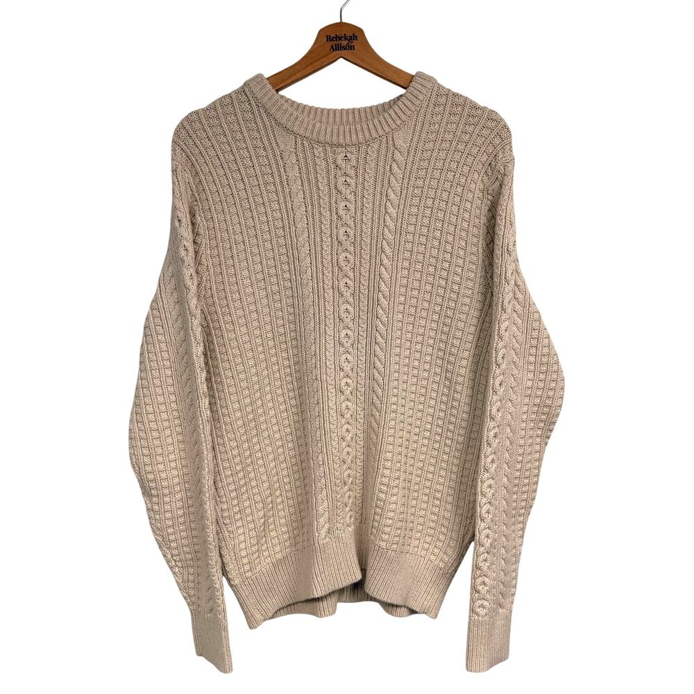 J. Crew Cable Knit Crewneck Fisherman Sweater SZ MEDIUM Cream 100% Cotton EUC
